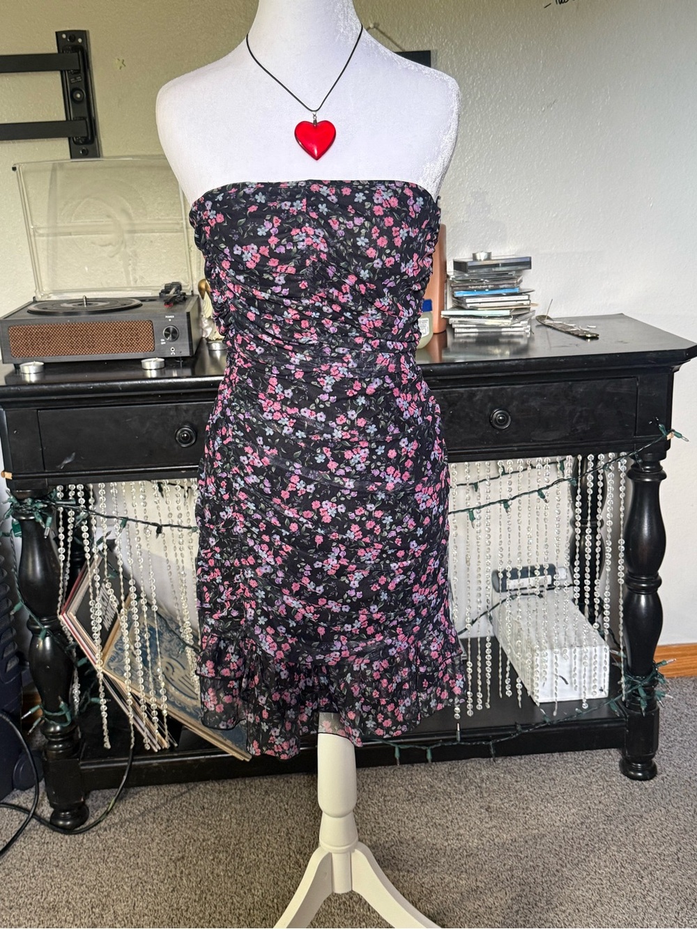 Full Tilt Black Strapless Floral Ruffle Hem Dress
